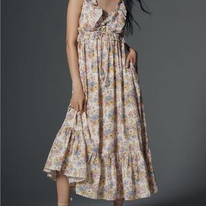 Ruffle-Trim Floral Midi Dress in Cream